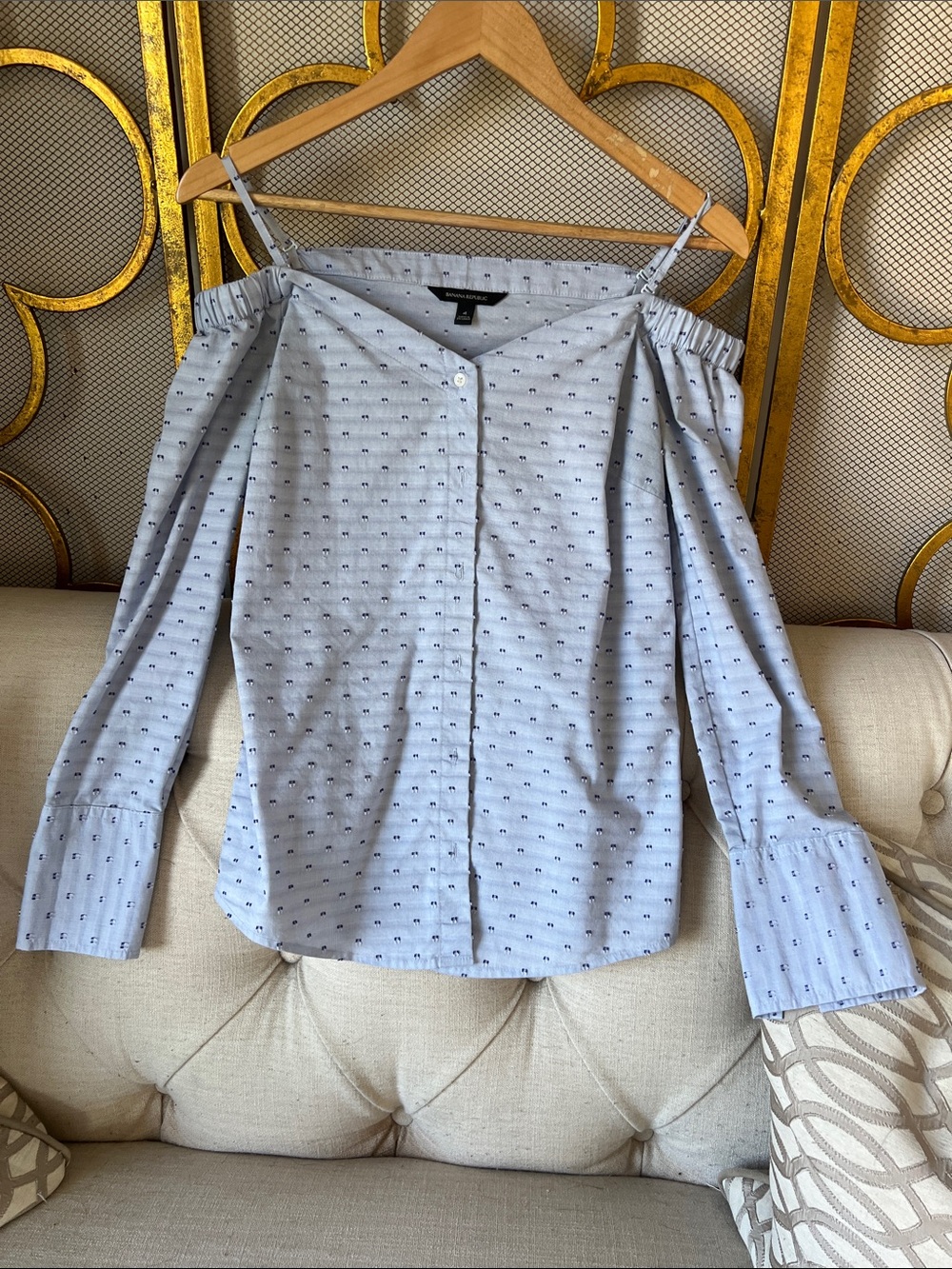 Banana Republic Light Blue Off-Shoulder Dot Print Blouse